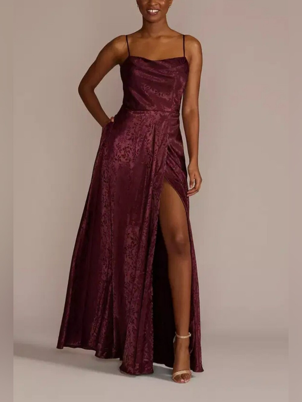 CELEBRATE, DB Studi Satin Cowl Neck Spaghetti Strap Maxi Burgundy Dress Sz 6